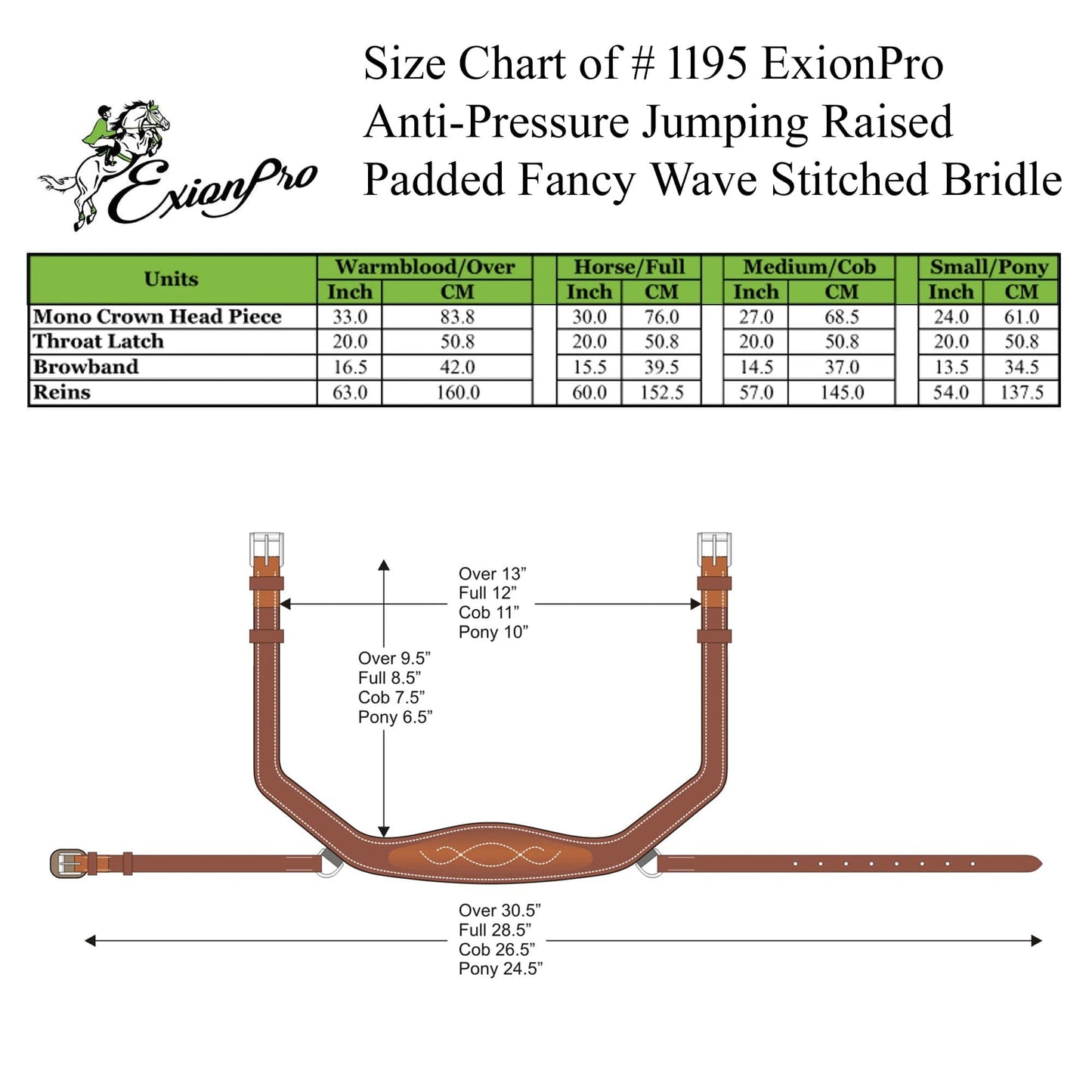 ExionPro Anti-Pressure Anatomic Jumping Raised Padded Fancy Wave Stitched Bridle