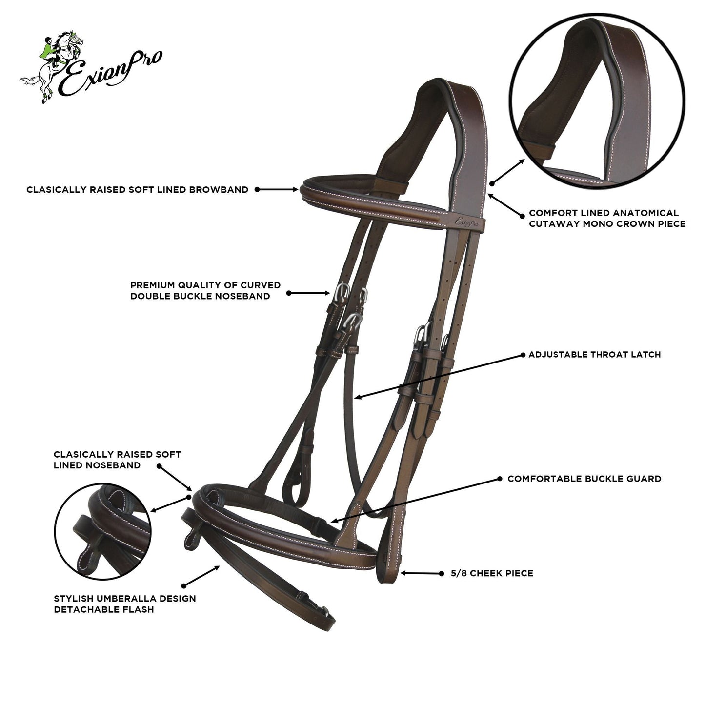 ExionPro Detachable Flash Thin Raised Bridle with Reins