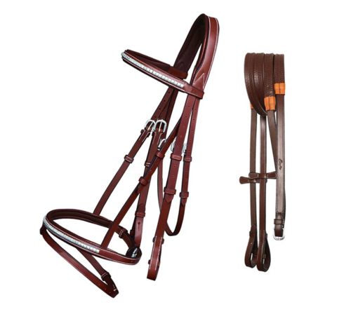 Soft Lined Crown Piece with SS Clincher Studded Browband & Snaffle Noseband Bridle With Flash and Reins